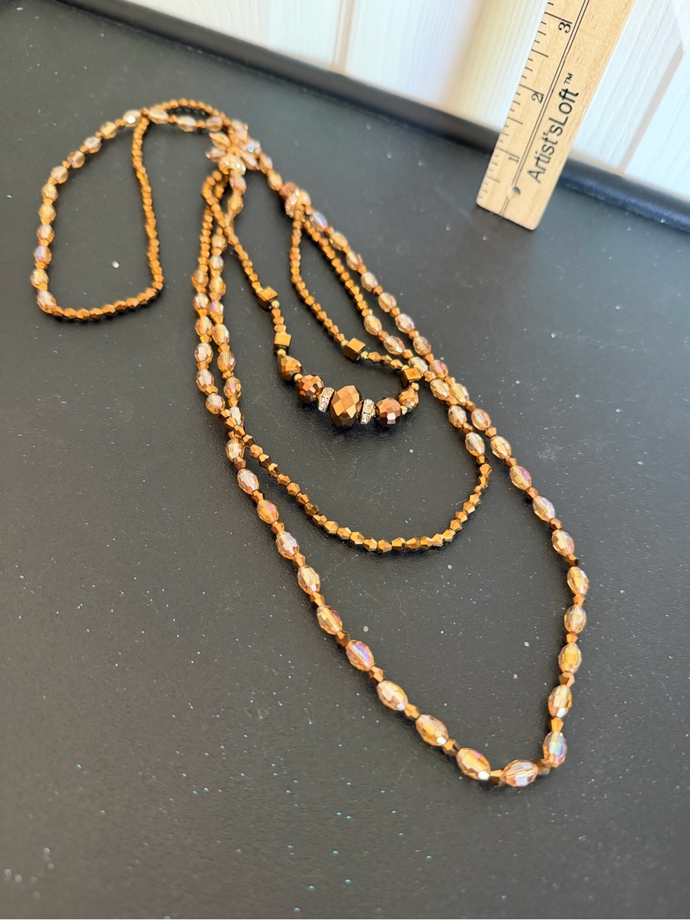 Layered Gold Bead and Glass Necklace - 3strand Women Jewelry